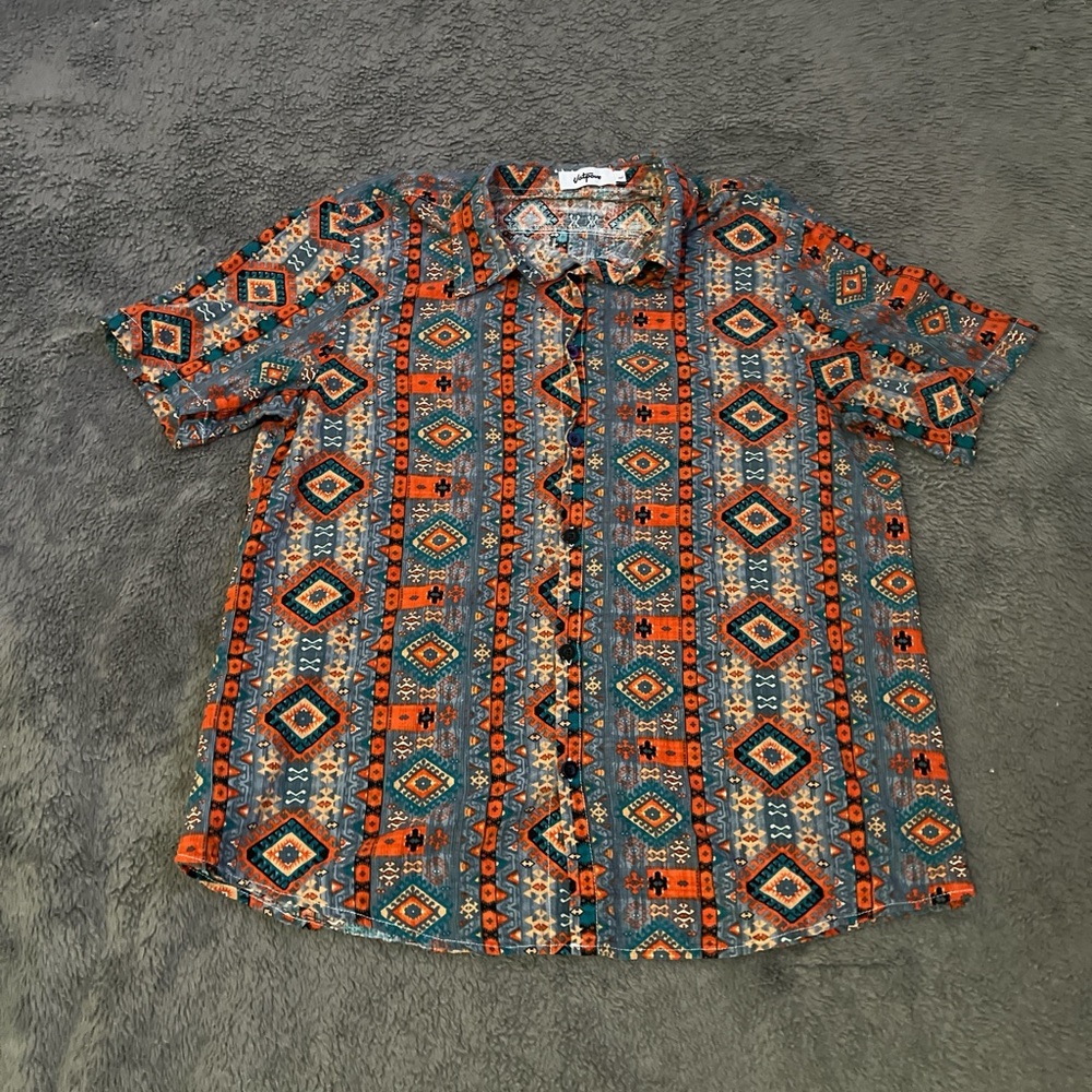 Votave Men’s Short Sleeve Button-Up Shirt | Southwestern Aztec Print | Size L